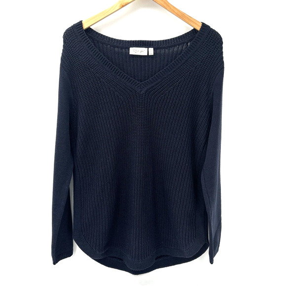 RD Style Sweater Womens Large V-Neck Navy Blue Classic Knit Pullover Long Sleeve - Picture 1 of 7